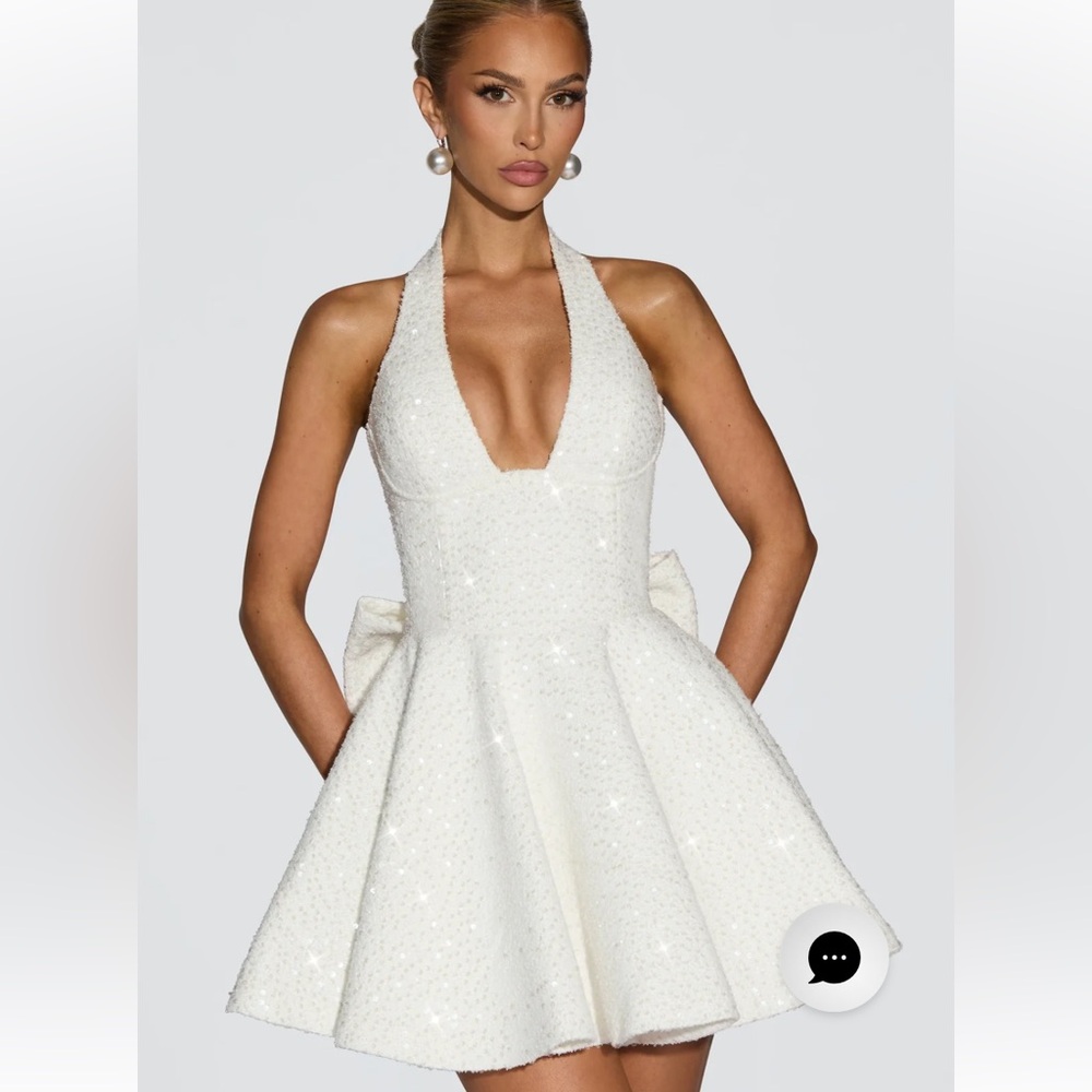 White Halter Sequin Mini Wedding Dress